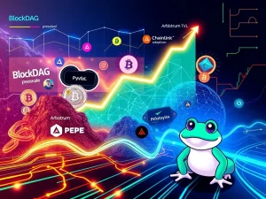 Visualizing BlockDAG presale success alongside Chainlink adoption, Arbitrum TVL growth, and PEPE momentum, symbolizing broader crypto market gains.