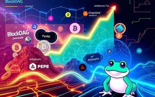 Visualizing BlockDAG presale success alongside Chainlink adoption, Arbitrum TVL growth, and PEPE momentum, symbolizing broader crypto market gains.
