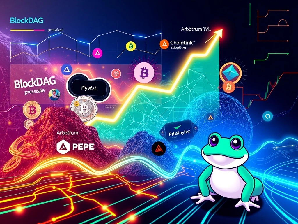 Visualizing BlockDAG presale success alongside Chainlink adoption, Arbitrum TVL growth, and PEPE momentum, symbolizing broader crypto market gains.