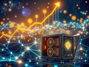 BlockDAG Presale success: a powerful image showing a crypto mining rig with a mobile interface, symbolizing innovation and user adoption.