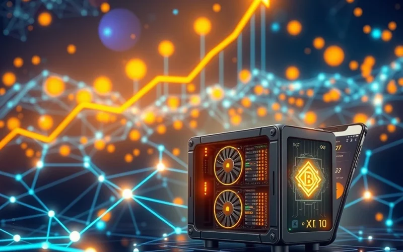 BlockDAG Presale success: a powerful image showing a crypto mining rig with a mobile interface, symbolizing innovation and user adoption.
