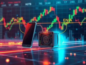 A digital illustration representing BlockDAG's mining success and presale potential, alongside price charts for Bittensor TAO and Ethena ENA.