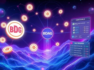 BlockDAG Presale success visualized, showing coins flowing, representing growth from the referral system and daily crypto rewards.