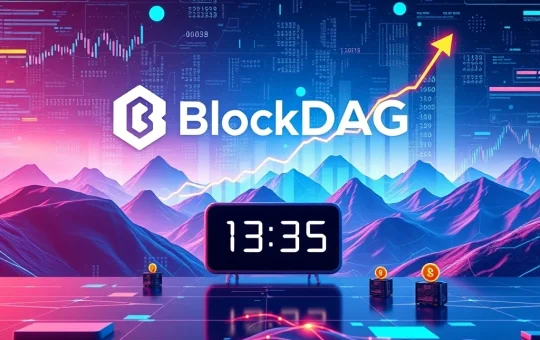 A digital dashboard displaying BlockDAG presale growth and high crypto ROI, with a countdown for the NO VESTING PASS.