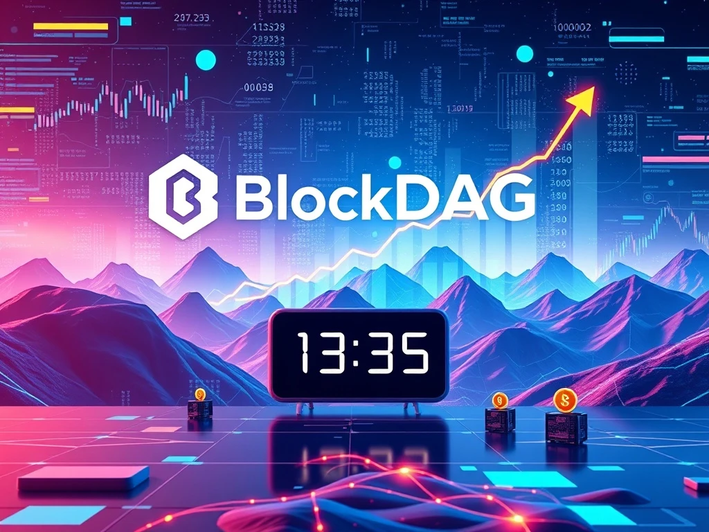A digital dashboard displaying BlockDAG presale growth and high crypto ROI, with a countdown for the NO VESTING PASS.