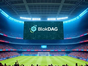 BlockDAG's logo on a stadium screen, symbolizing its successful presale surge driven by strategic crypto partnerships with sports teams.