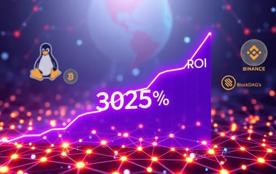A digital chart illustrating BlockDAG ROI with a significant upward trend, overshadowing smaller icons representing PENGU, WLD, and BNB.