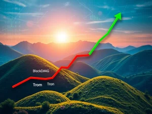 A vibrant visual representation of BlockDAG's impressive growth contrasted with the struggling performance of Tron and Toncoin in the crypto market.