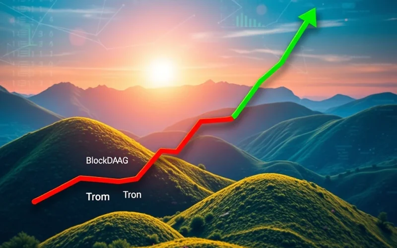 A vibrant visual representation of BlockDAG's impressive growth contrasted with the struggling performance of Tron and Toncoin in the crypto market.