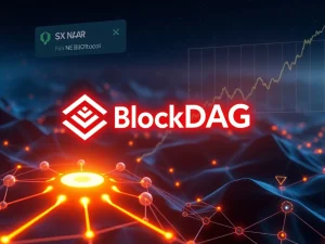 Depicting the dynamic cryptocurrency market, showcasing BlockDAG's innovative mining technology alongside charts for NEAR Protocol and Stellar XLM indicating market shifts.