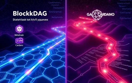 A visual representation of BlockDAG Testnet's advanced EVM and MetaMask integration, highlighting its rapid growth and developer-friendly approach compared to Cardano.