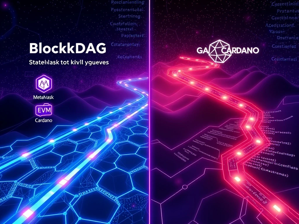 A visual representation of BlockDAG Testnet's advanced EVM and MetaMask integration, highlighting its rapid growth and developer-friendly approach compared to Cardano.