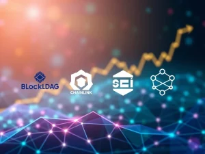 Visual representation of the crypto market shifting towards utility, featuring BlockDAG, Chainlink, SEI, and Polkadot logos interconnected, symbolizing growth and real-world applications.