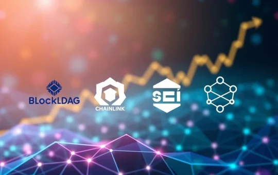 Visual representation of the crypto market shifting towards utility, featuring BlockDAG, Chainlink, SEI, and Polkadot logos interconnected, symbolizing growth and real-world applications.