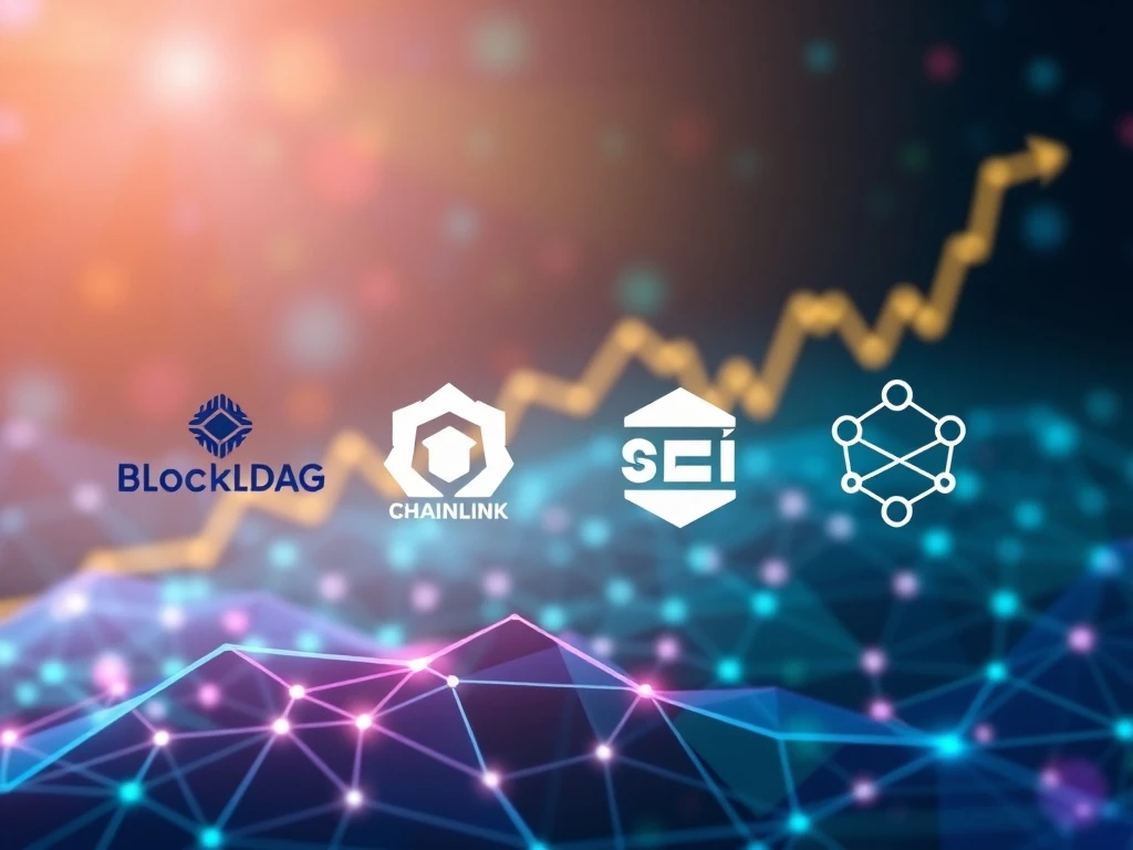 Visual representation of the crypto market shifting towards utility, featuring BlockDAG, Chainlink, SEI, and Polkadot logos interconnected, symbolizing growth and real-world applications.