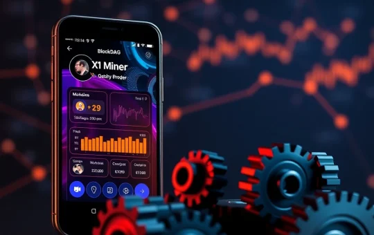 BlockDAG X1 Miner app interface on a smartphone, illustrating rapid user growth and high ROI, contrasting with traditional staking methods.