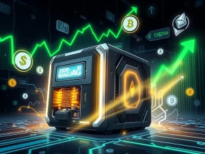 A BlockDAG X10 crypto miner device with charts showing the surge of Litecoin and the potential rise of Ethereum.