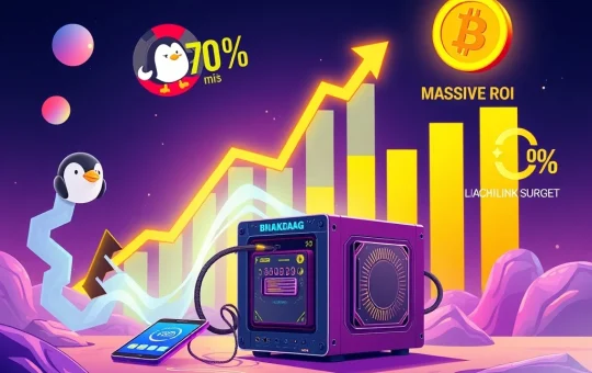 A digital illustration representing BlockDAG's X10 miner, showcasing massive crypto ROI and the soaring prices of PENGU and Chainlink.