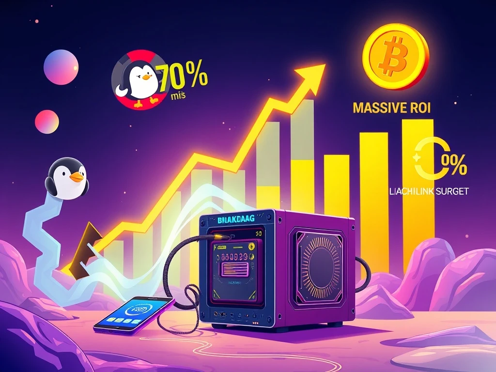 A digital illustration representing BlockDAG's X10 miner, showcasing massive crypto ROI and the soaring prices of PENGU and Chainlink.