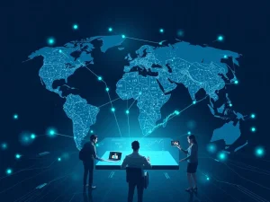 Blue Port Interactive team integrating Web3 and crypto-stock systems, symbolizing global expansion and financial innovation.