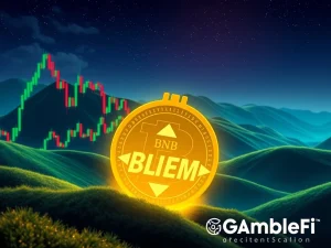 A vibrant chart showing BNB's phenomenal surge alongside a glowing BitLemons (BLEM) coin, symbolizing its emerging potential as a crypto dark horse.