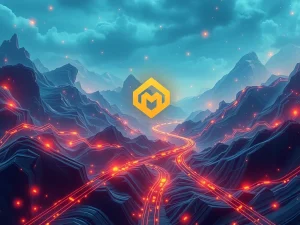 A visual representation of BNB Chain's ambitious 2026 Blockchain Roadmap, showcasing rapid data flow, token burning, and high transaction speeds.