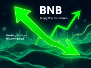 A chart showing BNB price fluctuations, highlighting a dip from a peak but strong weekly gains, symbolizing the impact of institutional adoption and on-chain activity on BNB's performance.