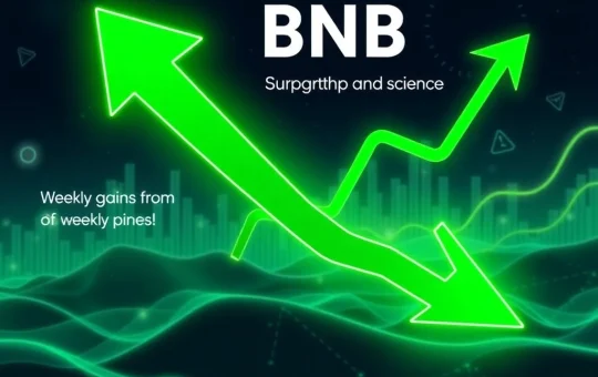 A chart showing BNB price fluctuations, highlighting a dip from a peak but strong weekly gains, symbolizing the impact of institutional adoption and on-chain activity on BNB's performance.