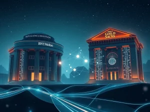 BNY Mellon and Goldman Sachs logos intertwined with blockchain elements, symbolizing their partnership to advance tokenized money market funds.