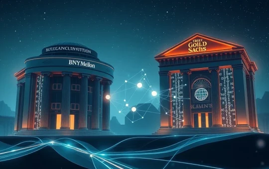 BNY Mellon and Goldman Sachs logos intertwined with blockchain elements, symbolizing their partnership to advance tokenized money market funds.