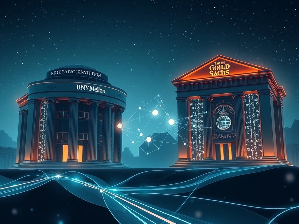 BNY Mellon and Goldman Sachs logos intertwined with blockchain elements, symbolizing their partnership to advance tokenized money market funds.