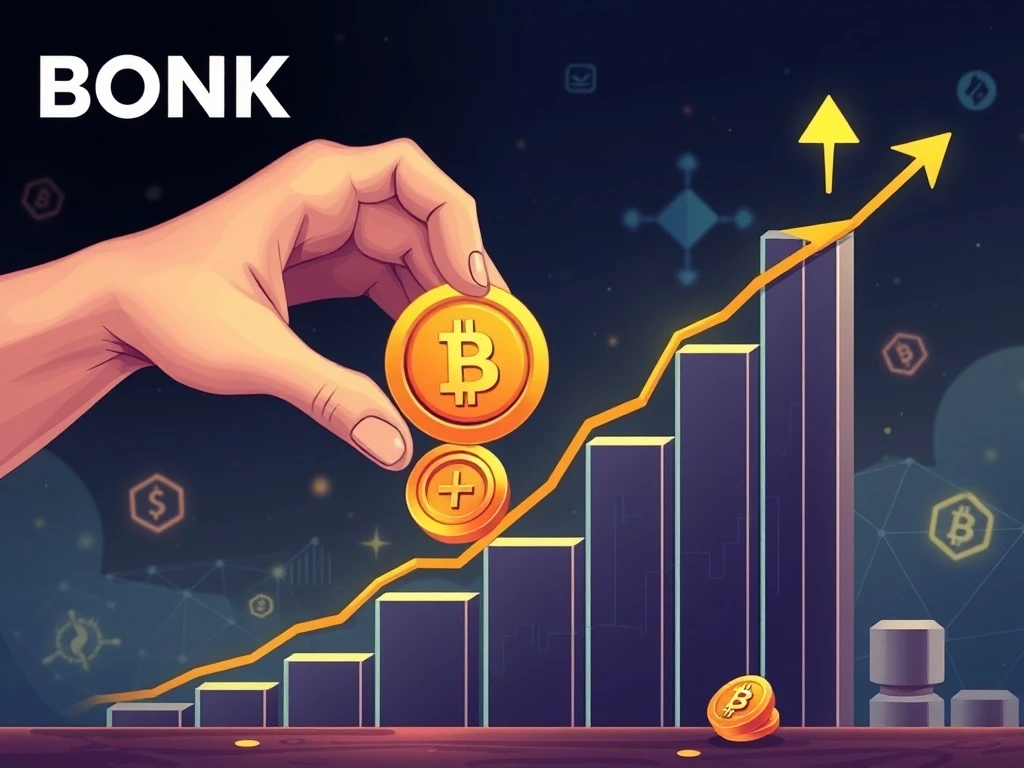 A hand placing a BONK token onto a rising chart, symbolizing the positive impact of BONK buybacks on sustainable growth.