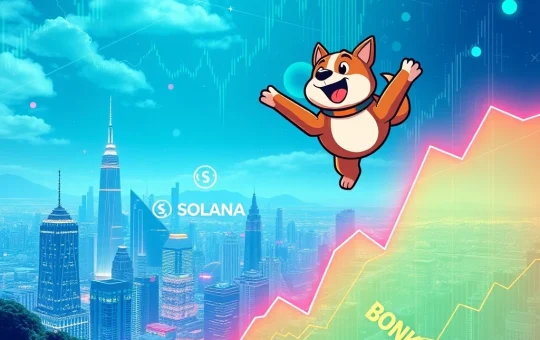 A dynamic chart showing BONK crypto trading volume surging, symbolizing the explosive growth of Solana meme coins.