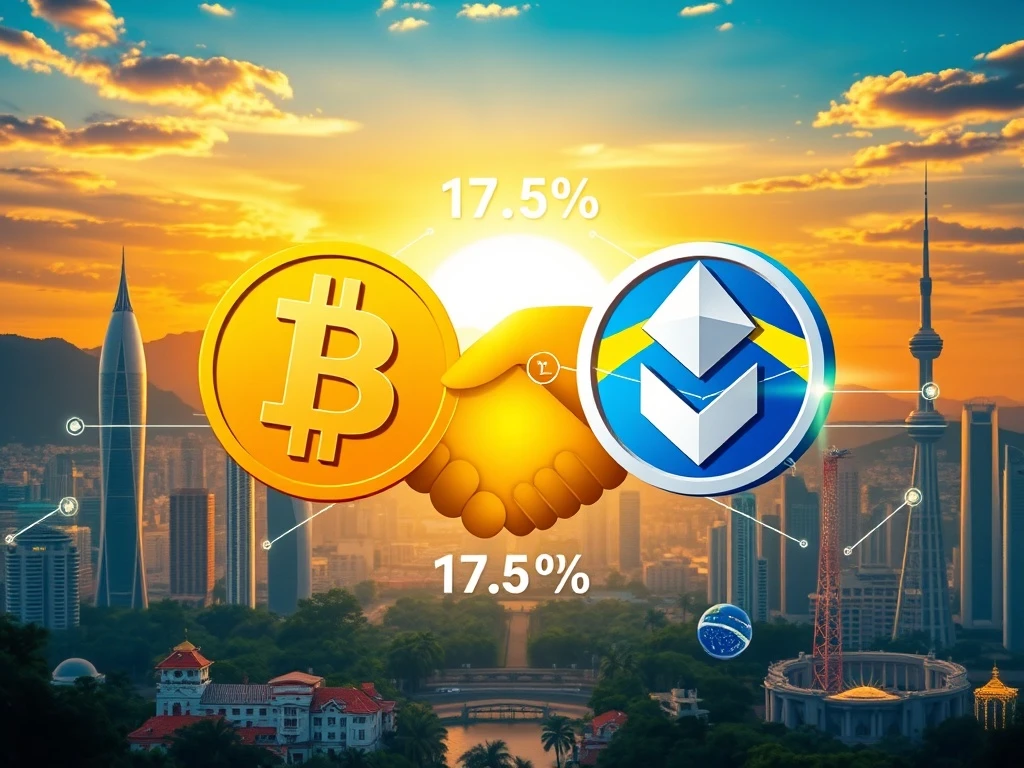 Bybit and Tether logos shaking hands over a map of Brazil, symbolizing their partnership to boost Brazil crypto adoption despite the new 17.5% tax.