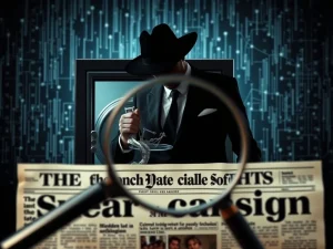 A shadowy figure secretly siphoning investor funds from a digital vault, symbolizing the Bridge Network crypto scam and hidden financial misconduct.