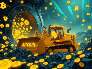 A powerful bulldozer with Bitcoin symbols, representing BSTR's aggressive 'clear-cutting' strategy to amass 30,000 BTC, enhancing corporate Bitcoin holdings.