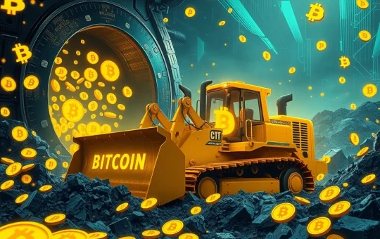 A powerful bulldozer with Bitcoin symbols, representing BSTR's aggressive 'clear-cutting' strategy to amass 30,000 BTC, enhancing corporate Bitcoin holdings.