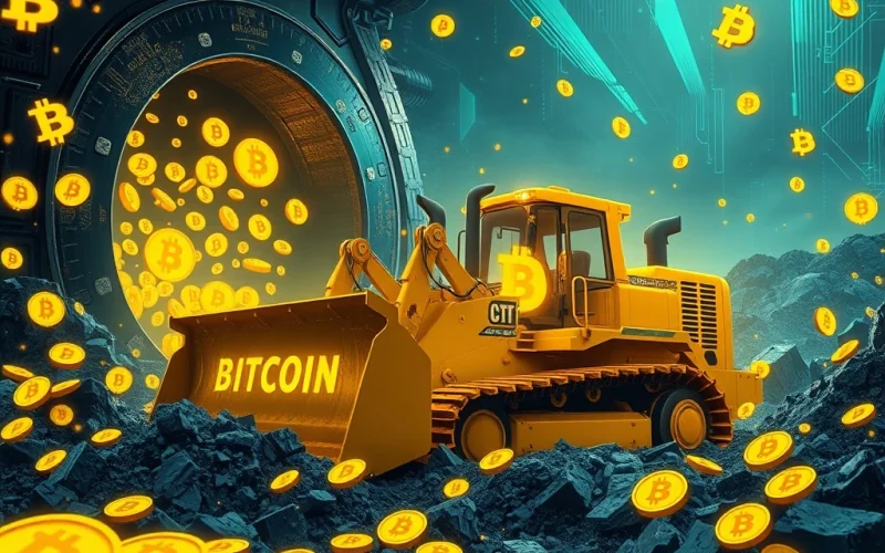 A powerful bulldozer with Bitcoin symbols, representing BSTR's aggressive 'clear-cutting' strategy to amass 30,000 BTC, enhancing corporate Bitcoin holdings.