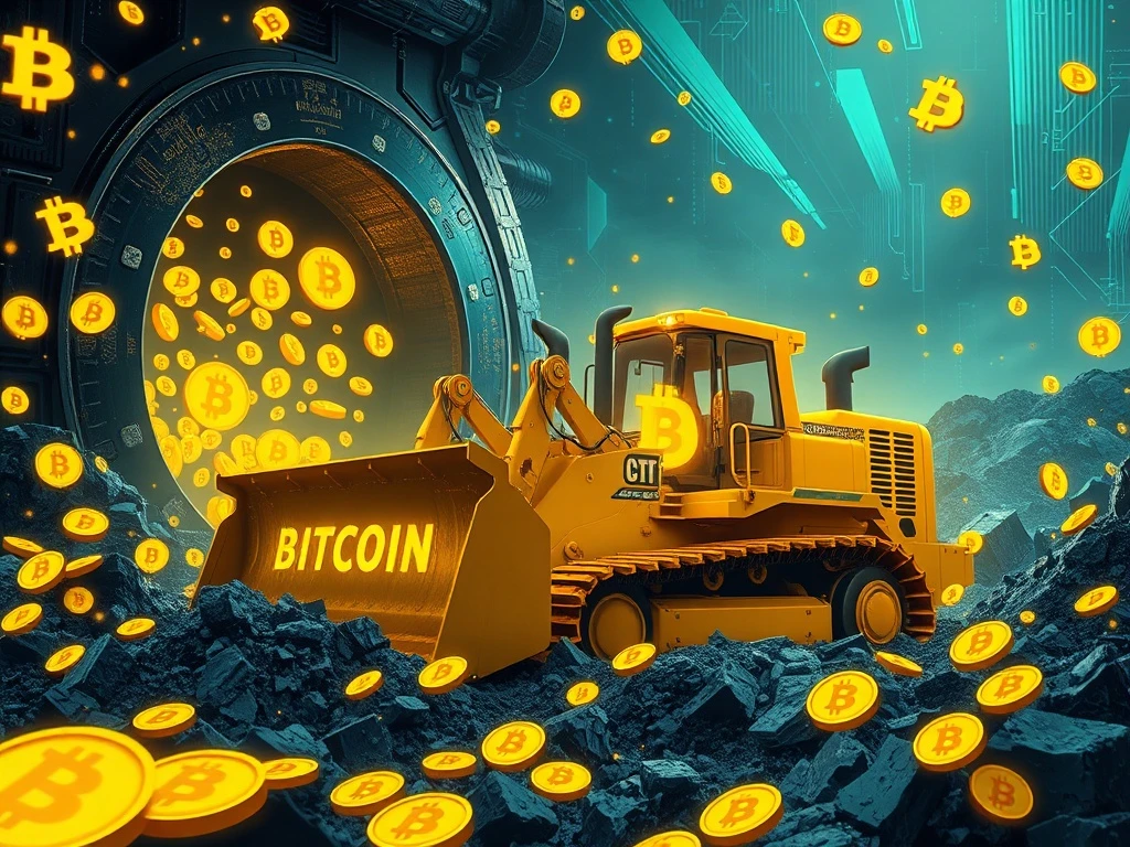 A powerful bulldozer with Bitcoin symbols, representing BSTR's aggressive 'clear-cutting' strategy to amass 30,000 BTC, enhancing corporate Bitcoin holdings.