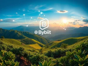 A digital overlay of blockchain elements connecting a coffee farm to European markets, illustrating Bybit's investment in EthicHub blockchain for transparent supply chains.