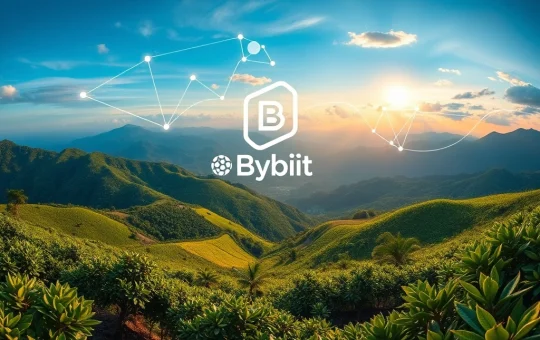 A digital overlay of blockchain elements connecting a coffee farm to European markets, illustrating Bybit's investment in EthicHub blockchain for transparent supply chains.