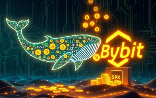 A digital whale depositing SPX tokens into the Bybit exchange, symbolizing the significant Bybit whale accumulation strategy.