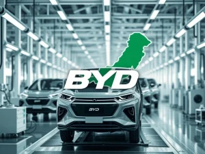 A sleek BYD Pakistan EV rolling off an assembly line, symbolizing the ambitious push for local EV production and market share.