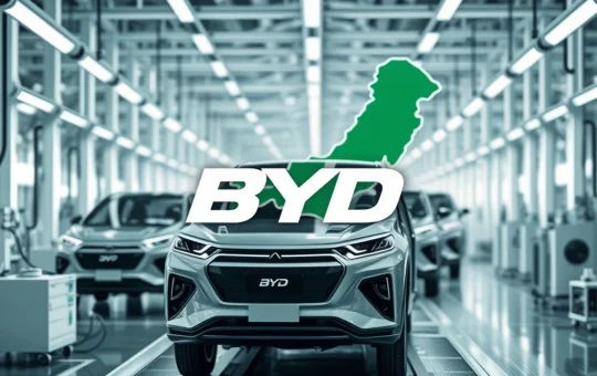 A sleek BYD Pakistan EV rolling off an assembly line, symbolizing the ambitious push for local EV production and market share.