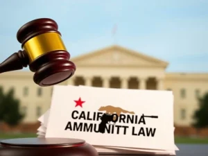 A gavel strikes down a document, symbolizing the 9th Circuit ruling against the California Ammunition Law, affirming Second Amendment rights.