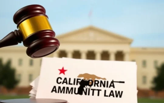 A gavel strikes down a document, symbolizing the 9th Circuit ruling against the California Ammunition Law, affirming Second Amendment rights.