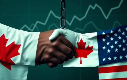 Flags of the US and Canada showing trade tension over Canada tariffs, highlighting economic risks and bipartisan efforts.