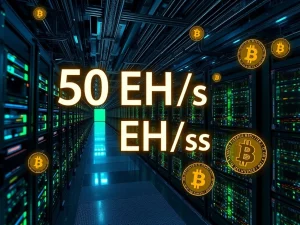 A vibrant data center with high-performance Bitcoin mining rigs, symbolizing Cango Inc.'s monumental 50 EH/s hashrate and significant BTC weekly output.