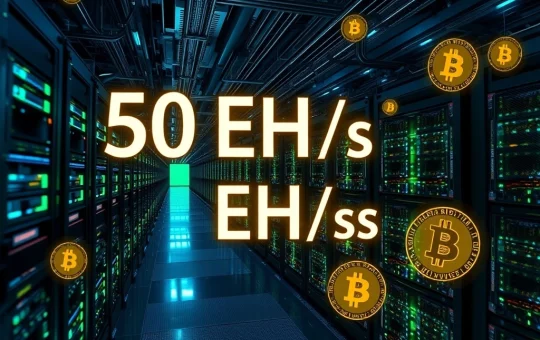 A vibrant data center with high-performance Bitcoin mining rigs, symbolizing Cango Inc.'s monumental 50 EH/s hashrate and significant BTC weekly output.