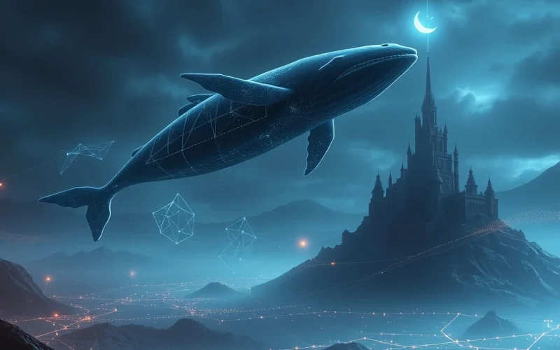 An illustration of a large ADA whale confronting a corporate entity, symbolizing the Cardano governance dispute and Charles Hoskinson's legal threats.